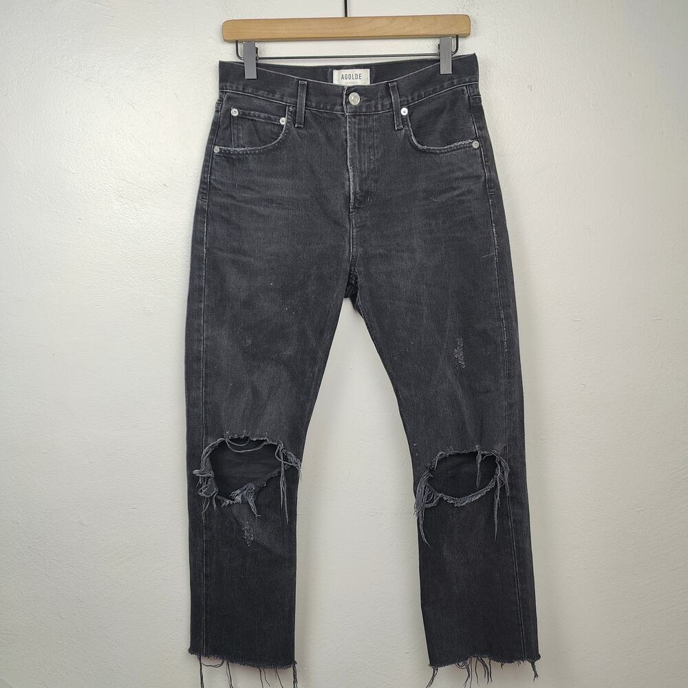 Agolde Cherie High Rise Straight‎ Jeans Womens 26 Distressed Black Wash Organic
